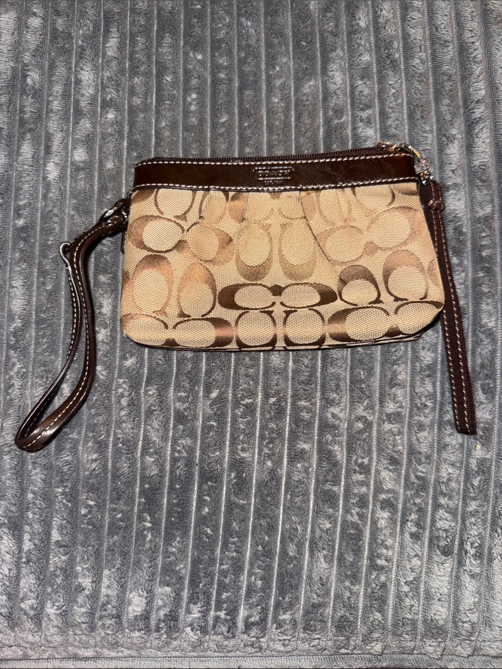 Coach Brown/Tan Signature Canvas Wristlet with Leather Trim